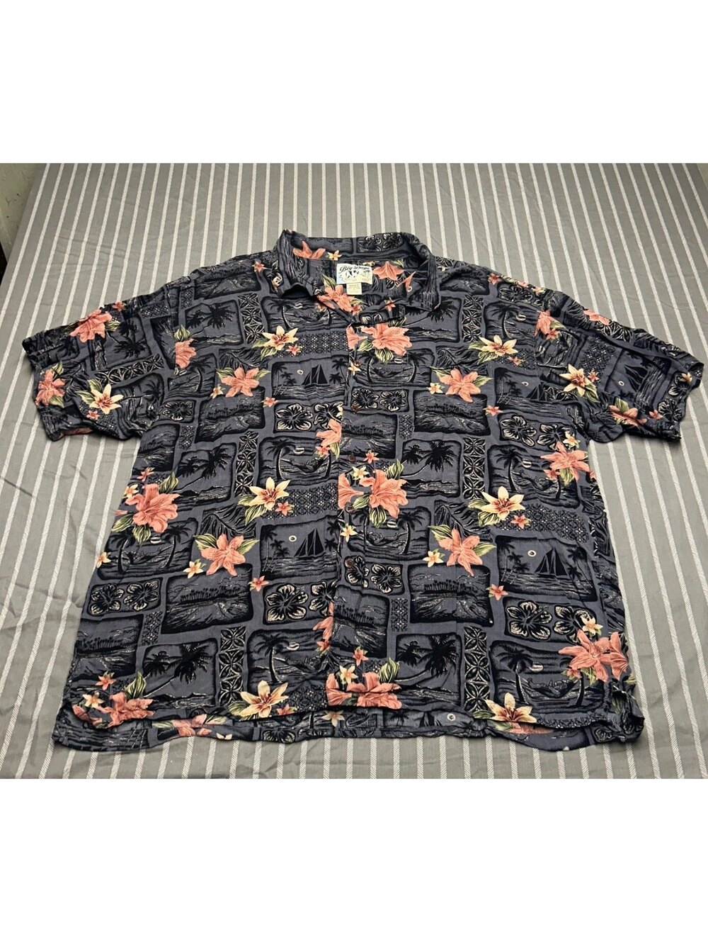 Big Dogs 3XL Hawaiian Shirt Aloha Camp Grey Pink Floral Short Sleeve